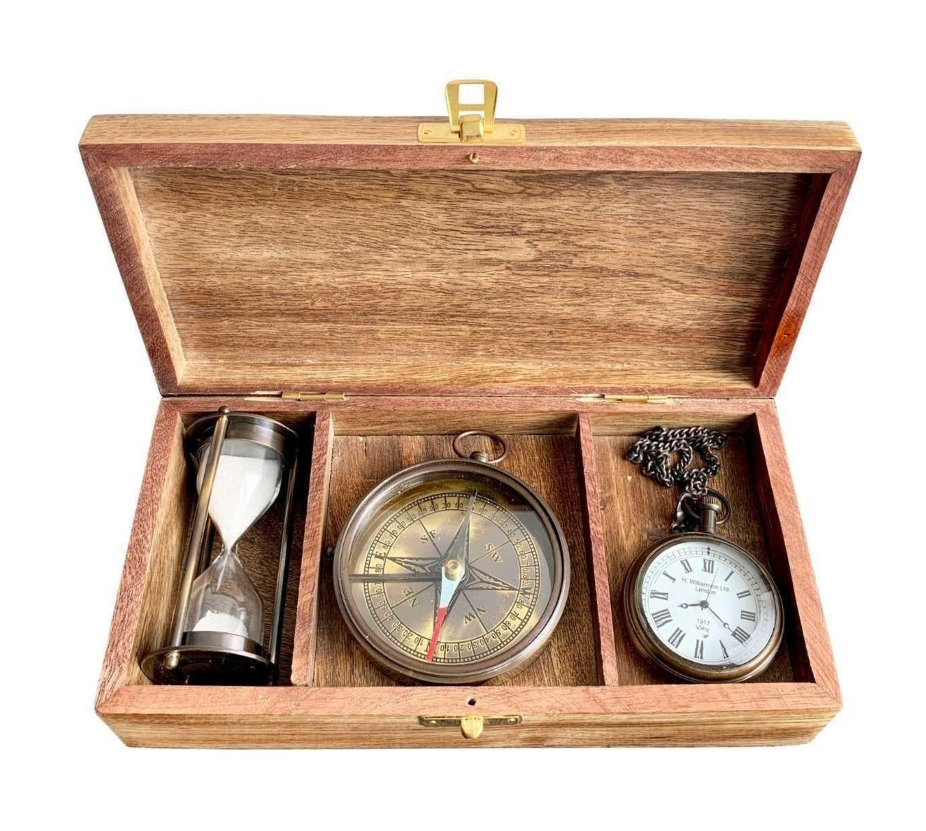 Wooden Gift Box W/Brass Set/3 Clock, Compass, Sand Timer