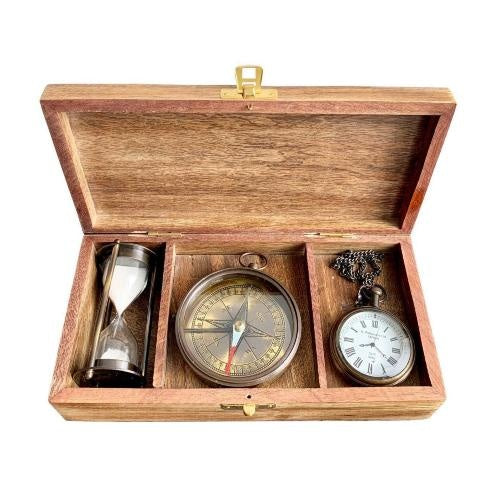 Wooden Gift Box W/Brass Set/3 Clock, Compass, Sand Timer